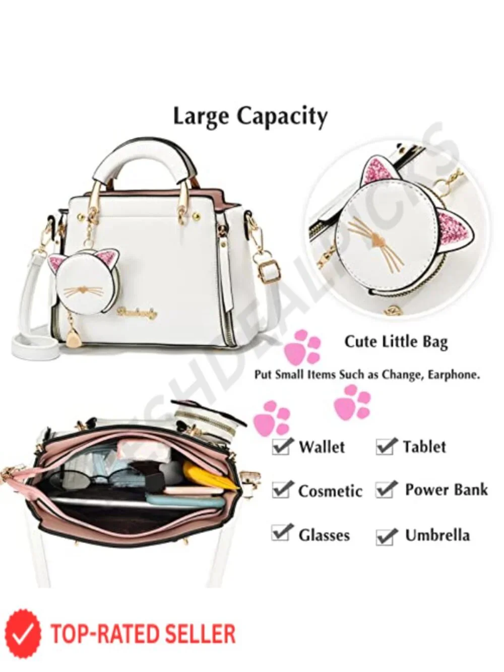 PU Leather Satchel Handbag with Detachable Strap and Cat Coin Purse